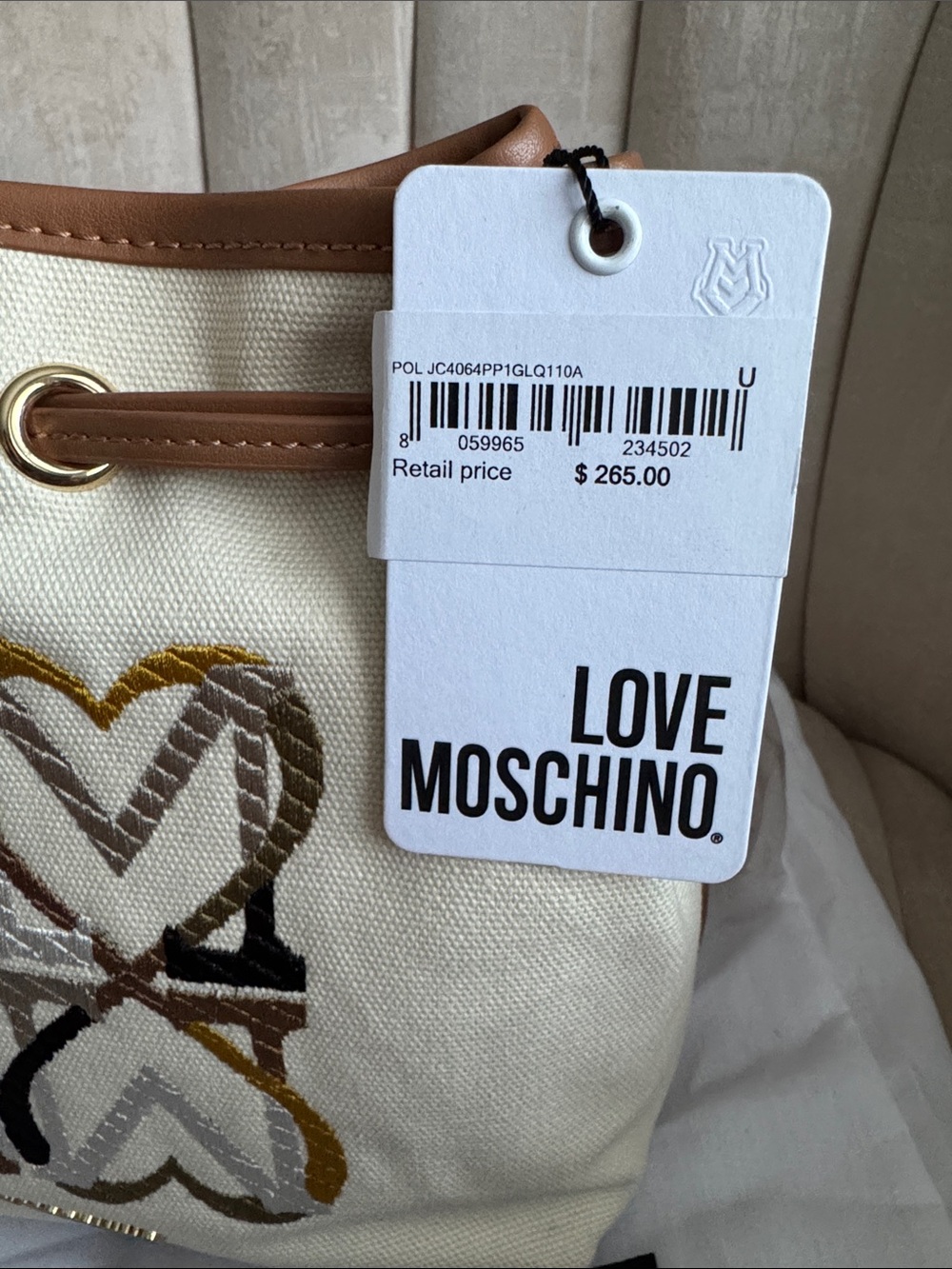 Love Moschino Cream Canvas Tote with Brown Trim & Gold Accents